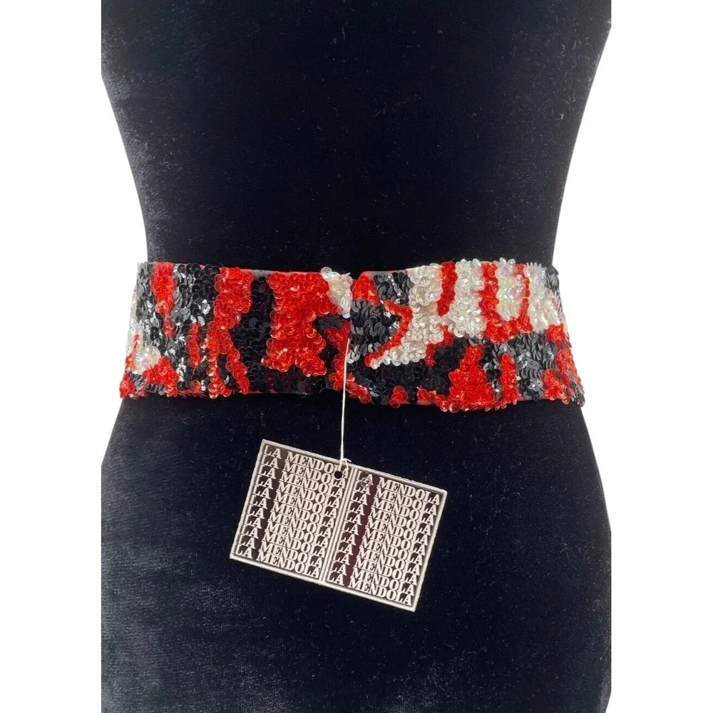 Vintage La Mendola Minuet Art Deco Hand Beaded Red Black Pure Silk Chiffon Belt